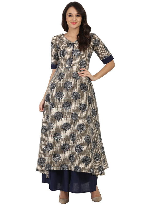 Blue printed half sleeve Cotton A-line kurta with blue flared skirt | NOZ2TOZ - Made In INDIA.