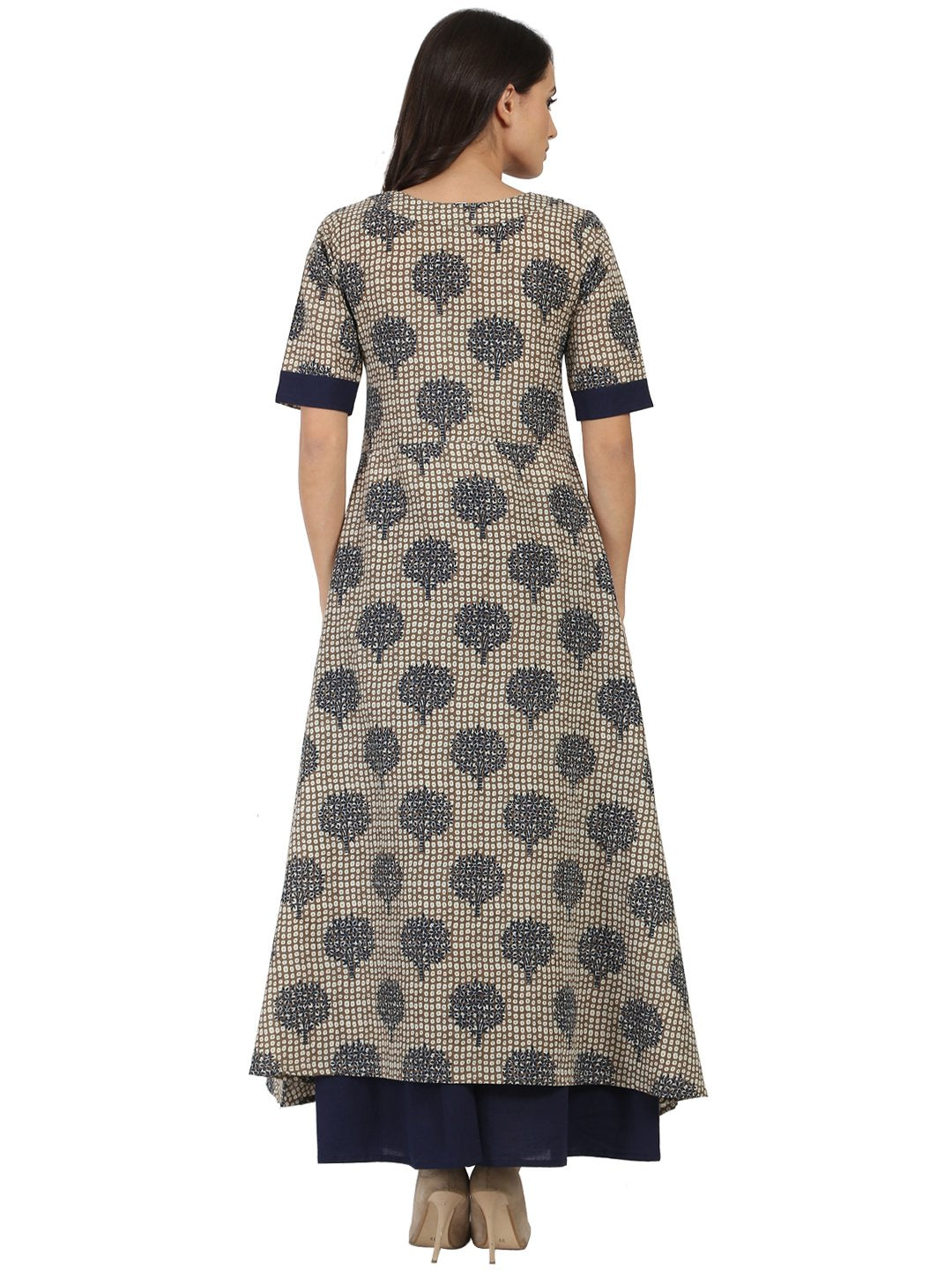 Blue printed half sleeve Cotton A-line kurta with blue flared skirt | NOZ2TOZ - Made In INDIA.