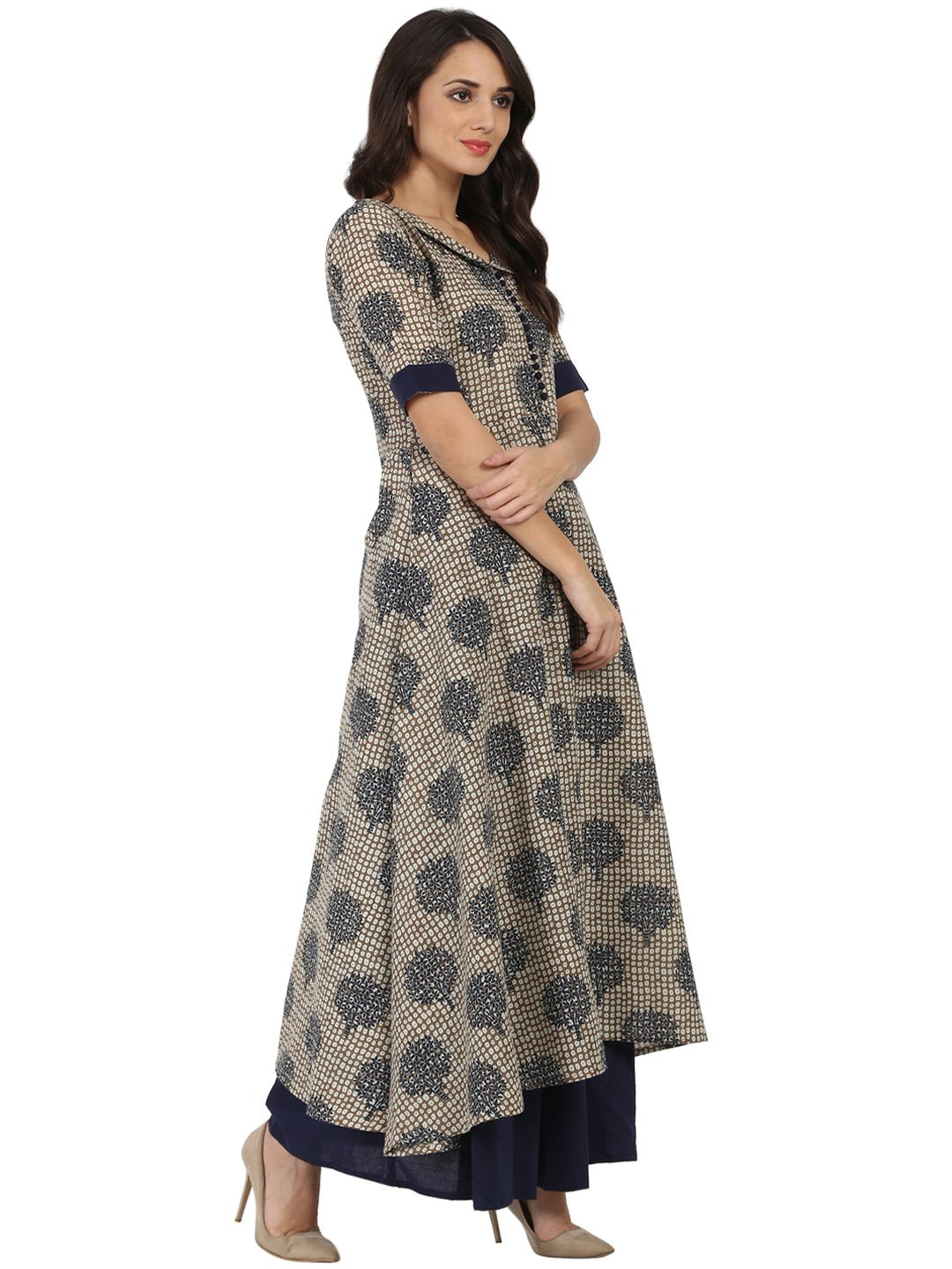 Blue printed half sleeve Cotton A-line kurta with blue flared skirt | NOZ2TOZ - Made In INDIA.