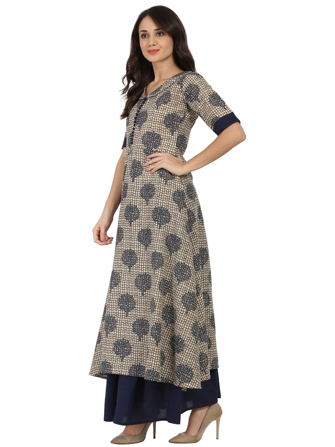 Blue printed half sleeve Cotton A-line kurta with blue flared skirt | NOZ2TOZ - Made In INDIA.