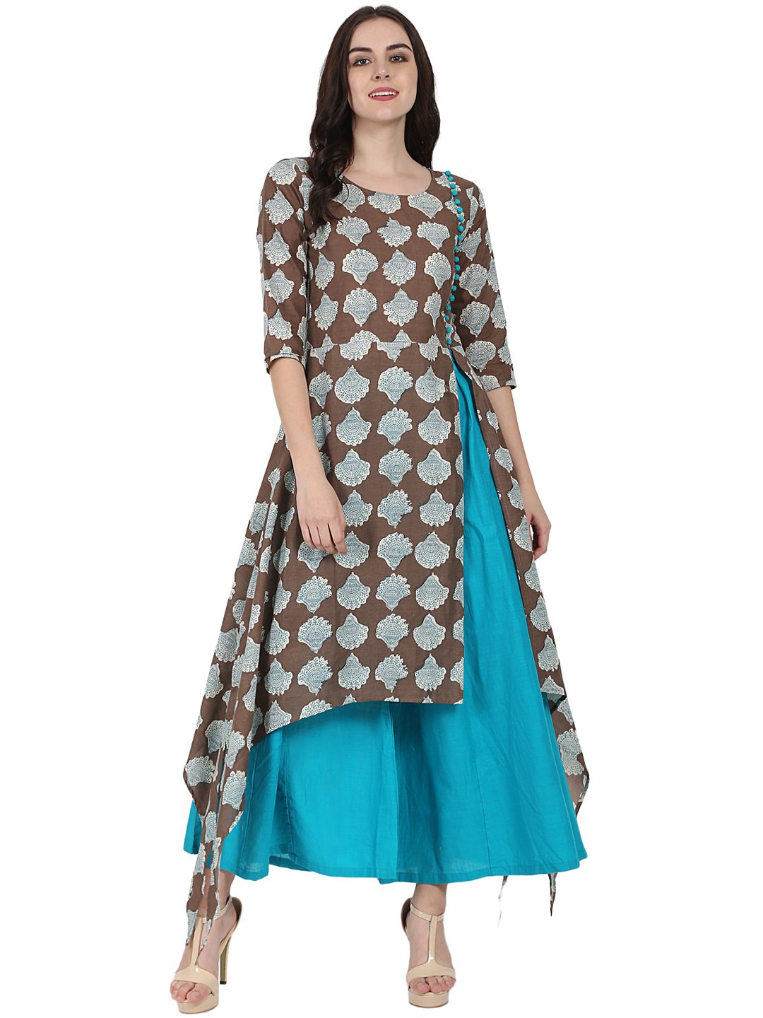 Coffee Brown printed half sleeve cotton Low high kurta with Blue flared skirt | NOZ2TOZ - Made In INDIA.