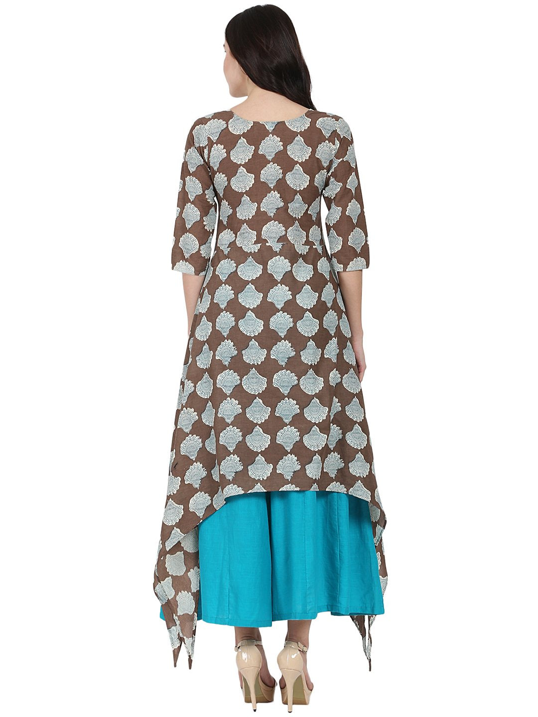 Coffee Brown printed half sleeve cotton Low high kurta with Blue flared skirt | NOZ2TOZ - Made In INDIA.