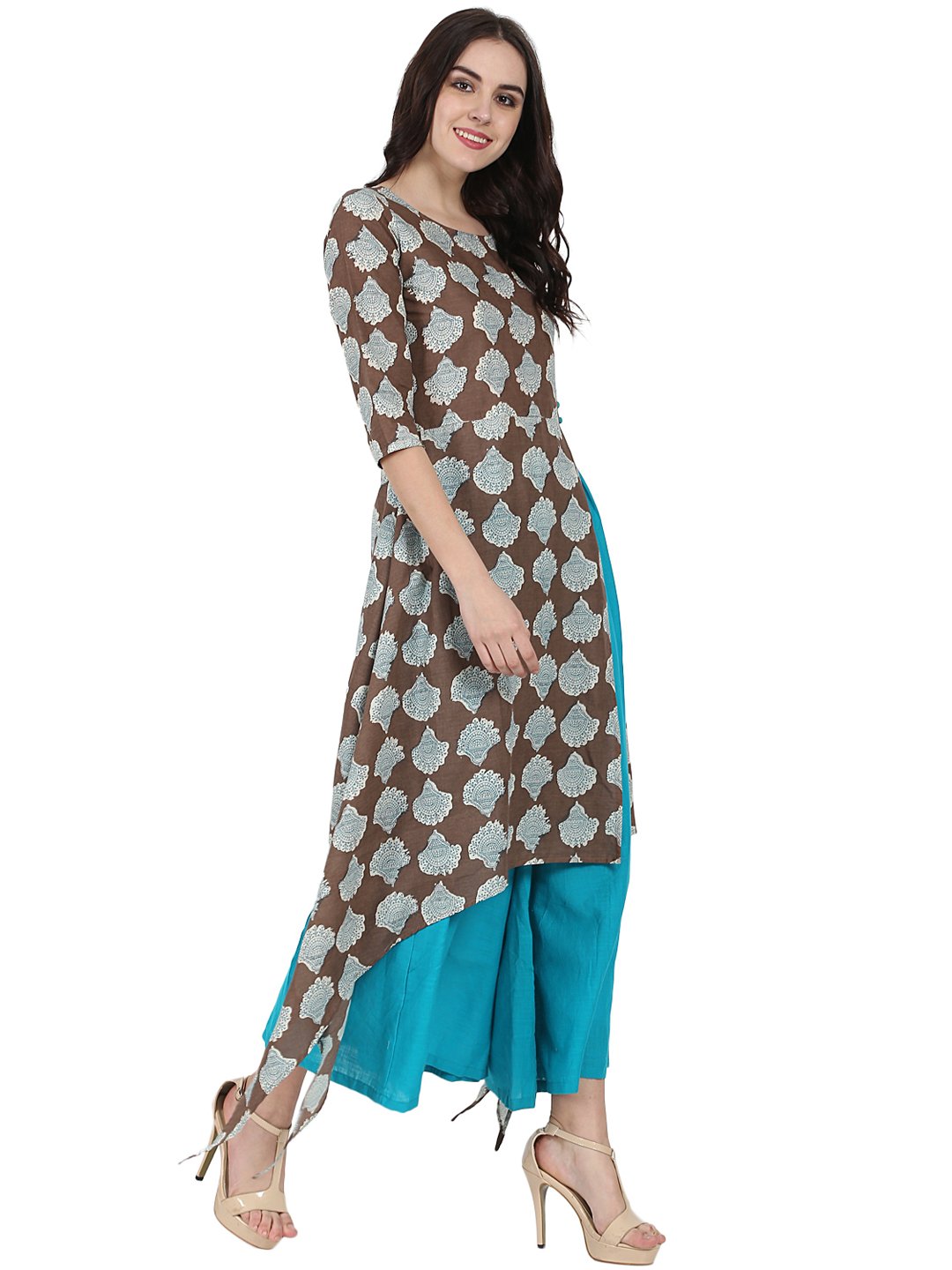 Coffee Brown printed half sleeve cotton Low high kurta with Blue flared skirt | NOZ2TOZ - Made In INDIA.