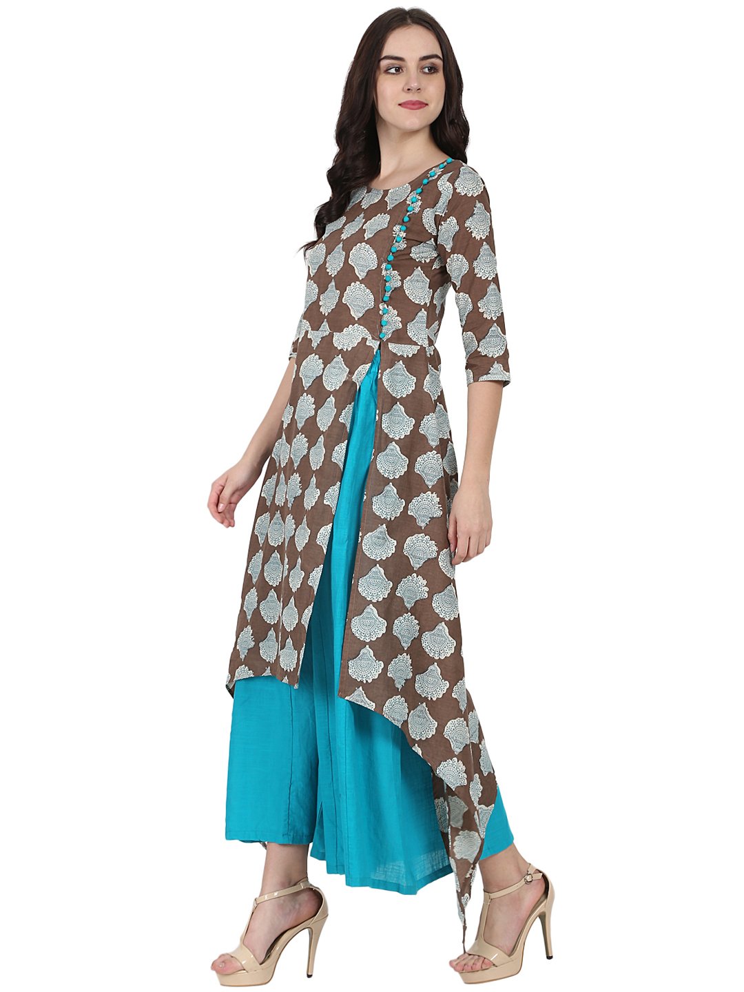 Coffee Brown printed half sleeve cotton Low high kurta with Blue flared skirt | NOZ2TOZ - Made In INDIA.