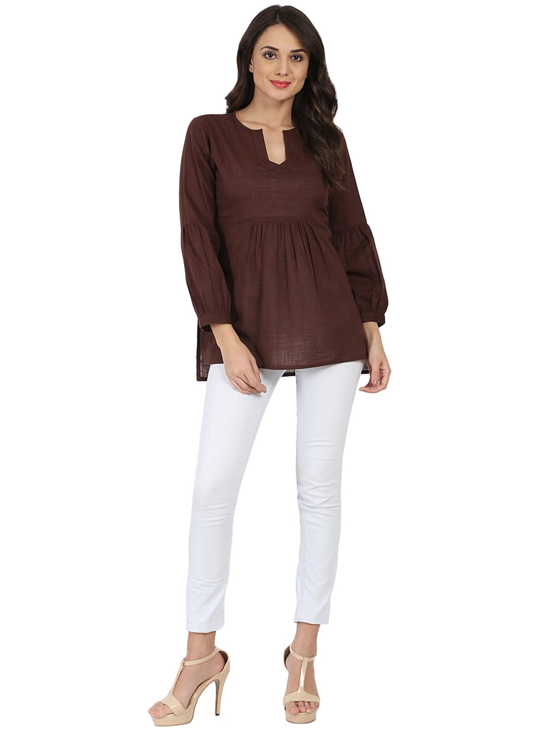 Coffee brown 3/4th sleeve cotton slub tunic | NOZ2TOZ - Made In INDIA.