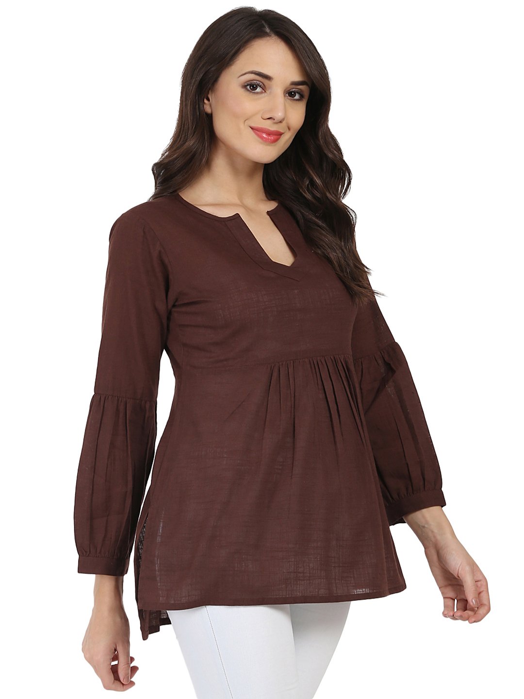 Coffee brown 3/4th sleeve cotton slub tunic | NOZ2TOZ - Made In INDIA.