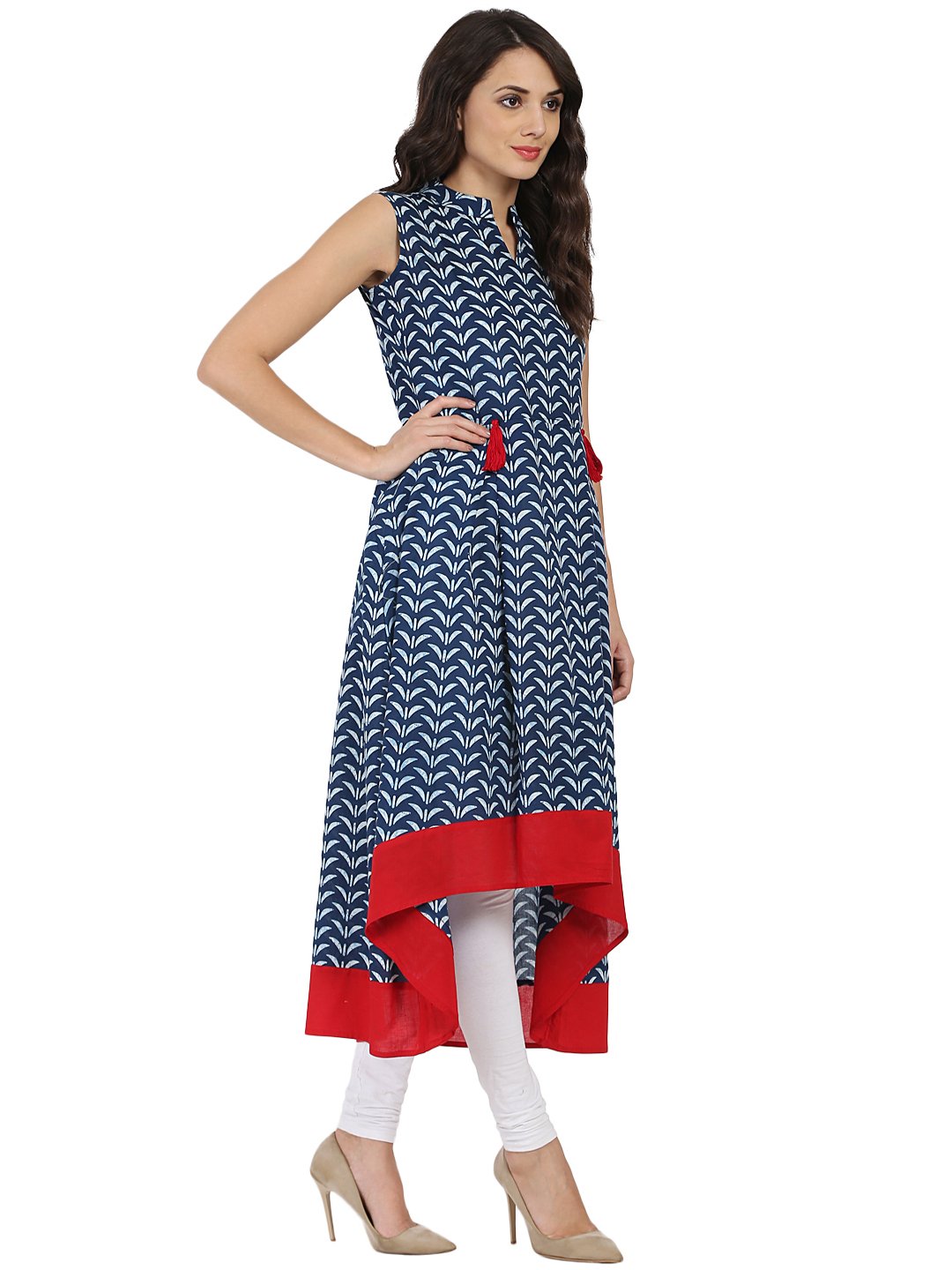 Blue printed sleeveless cotton A-line kurta | NOZ2TOZ - Made In INDIA.