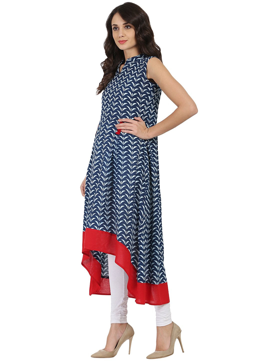 Blue printed sleeveless cotton A-line kurta | NOZ2TOZ - Made In INDIA.