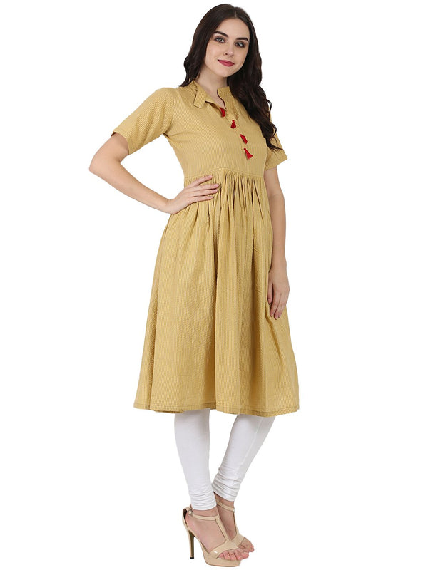 Beige half sleeve cotton Anarkali kurta | NOZ2TOZ - Made In INDIA.