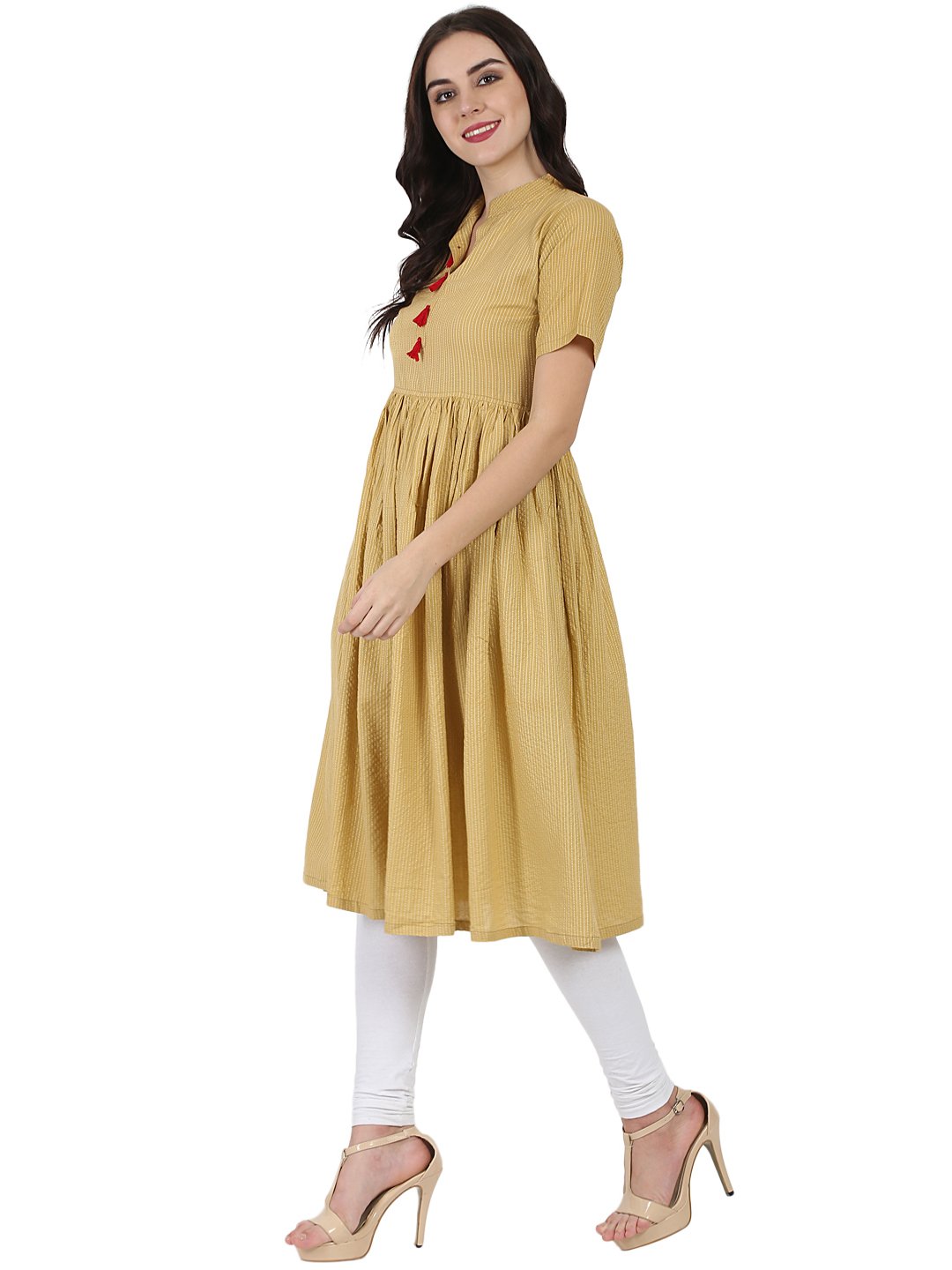 Beige half sleeve cotton Anarkali kurta | NOZ2TOZ - Made In INDIA.