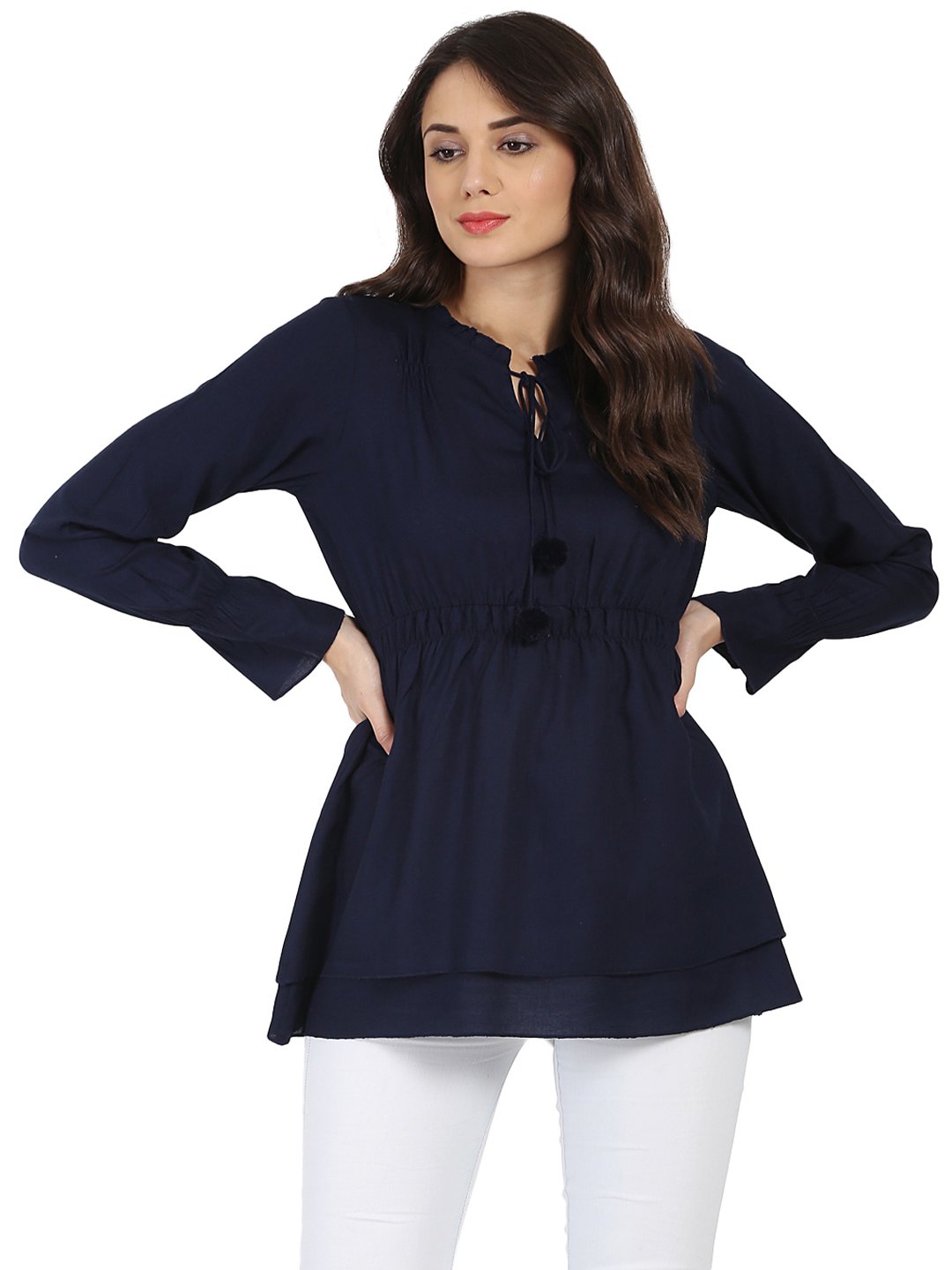 Blue Full sleeve rayon tunic with Dori & Latkan work at yoke | NOZ2TOZ - Made In INDIA.