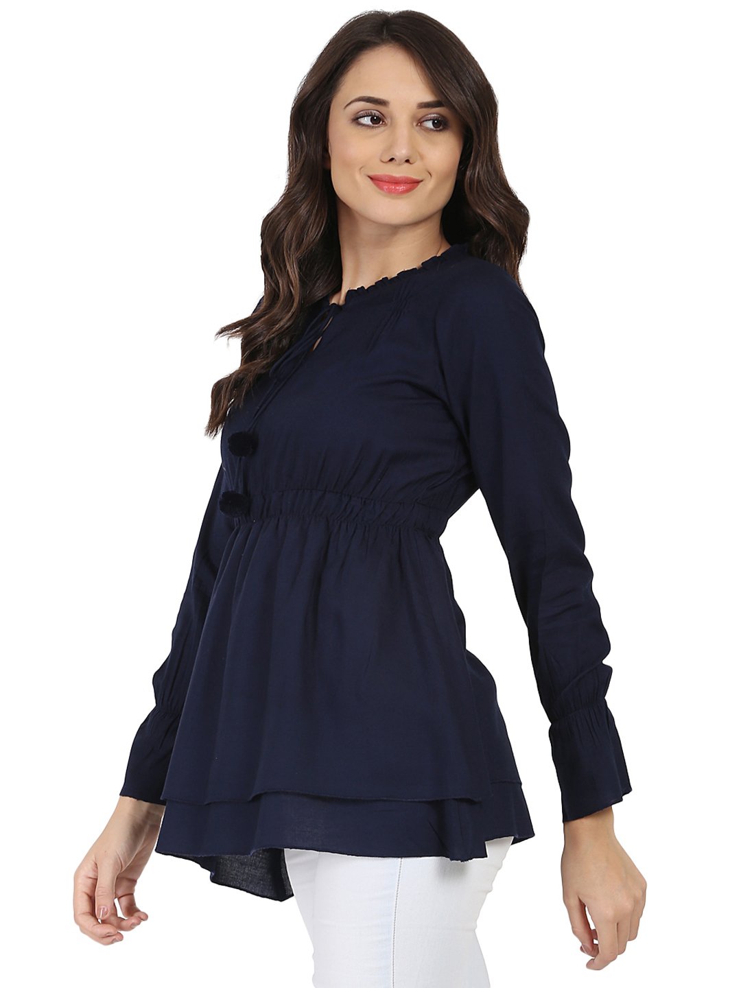 Blue Full sleeve rayon tunic with Dori & Latkan work at yoke | NOZ2TOZ - Made In INDIA.