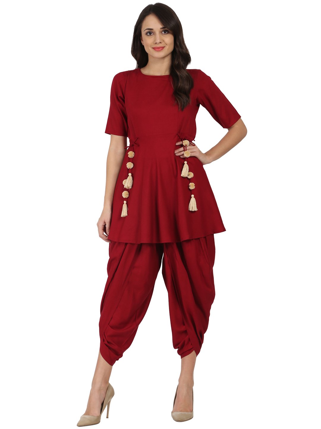 Maroon Half sleeve Rayon A-line kurta with Red pleated dhoti | NOZ2TOZ - Made In INDIA.