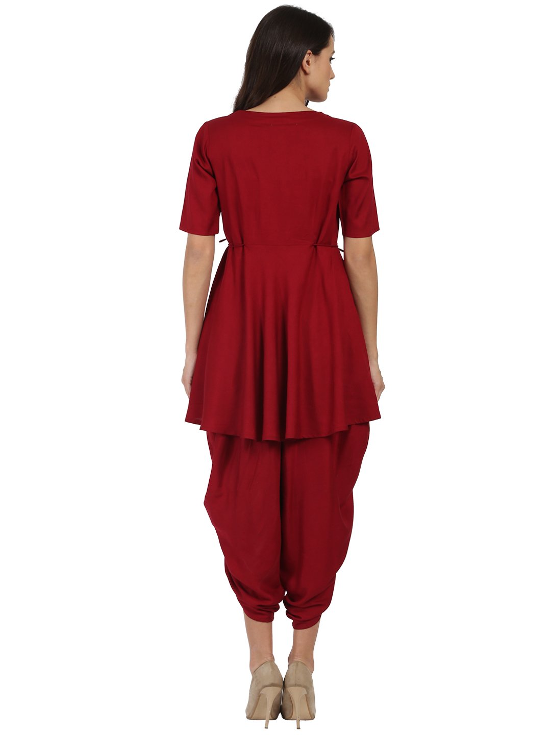 Maroon Half sleeve Rayon A-line kurta with Red pleated dhoti | NOZ2TOZ - Made In INDIA.