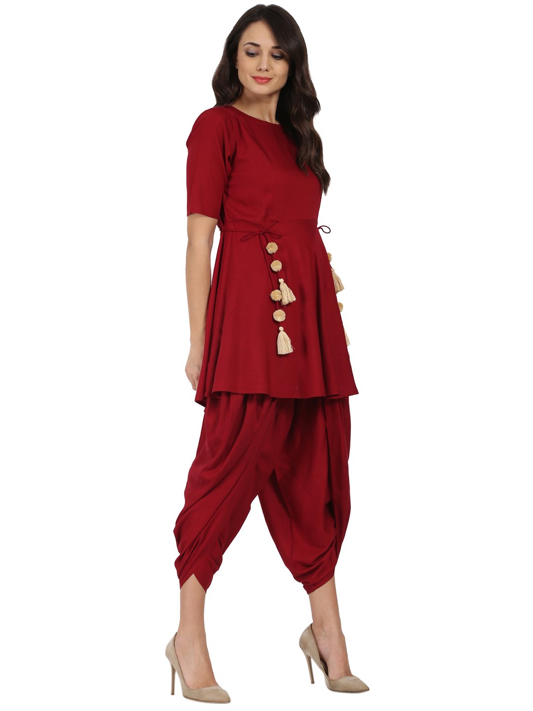 Maroon Half sleeve Rayon A-line kurta with Red pleated dhoti | NOZ2TOZ - Made In INDIA.