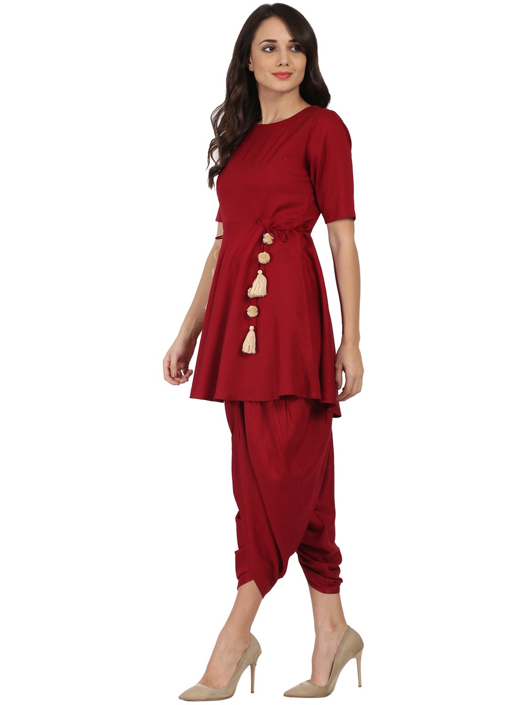 Maroon Half sleeve Rayon A-line kurta with Red pleated dhoti | NOZ2TOZ - Made In INDIA.