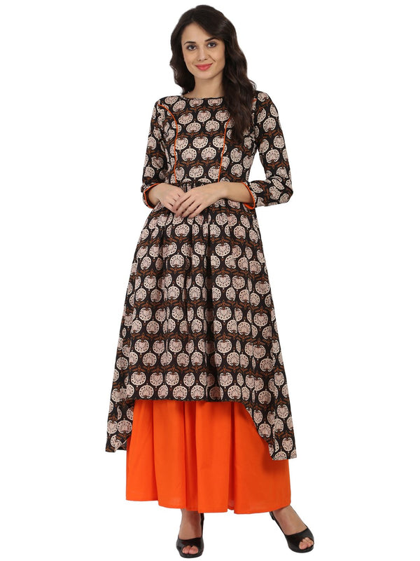 Brown printed 3/4th sleeve cotton A-line kurta with orange flared skirt | NOZ2TOZ - Made In INDIA.