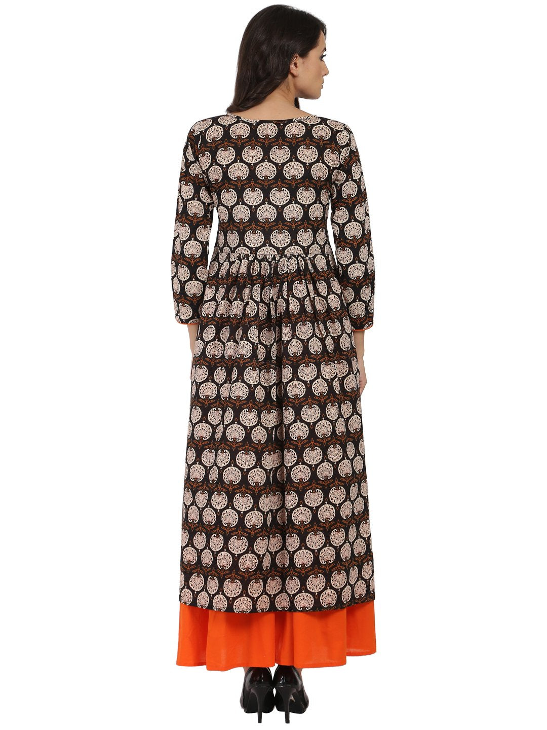 Brown printed 3/4th sleeve cotton A-line kurta with orange flared skirt | NOZ2TOZ - Made In INDIA.