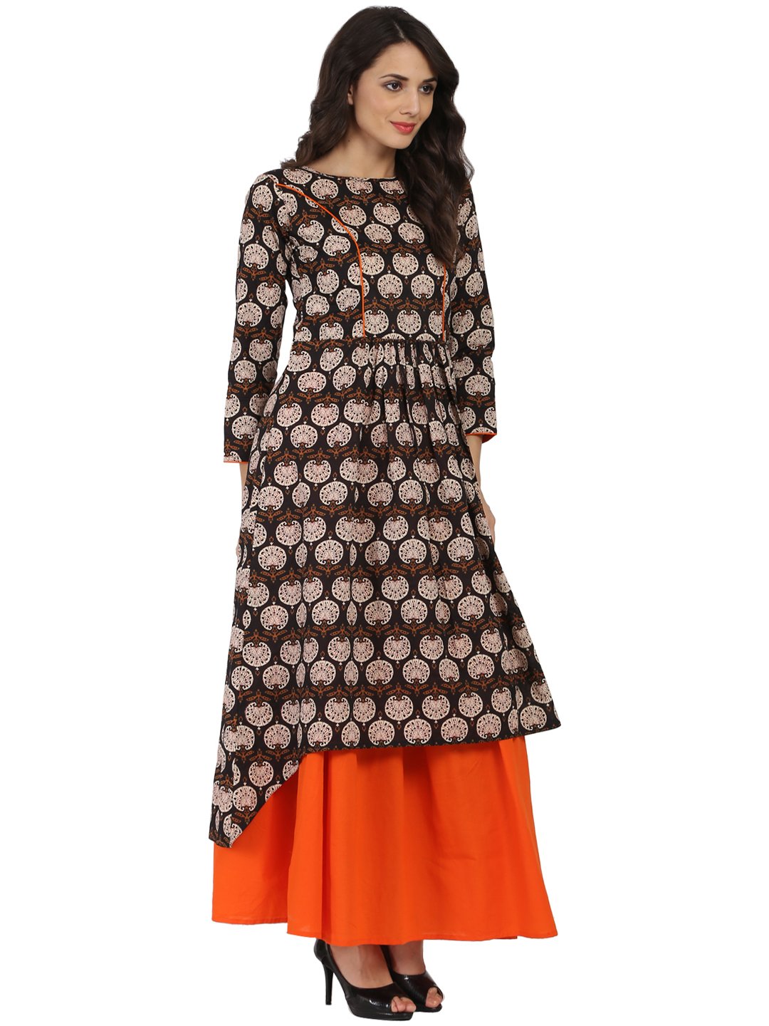 Brown printed 3/4th sleeve cotton A-line kurta with orange flared skirt | NOZ2TOZ - Made In INDIA.