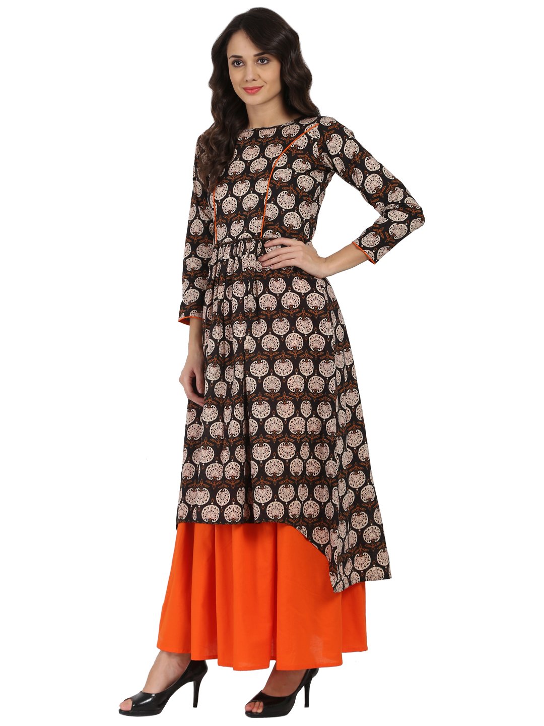 Brown printed 3/4th sleeve cotton A-line kurta with orange flared skirt | NOZ2TOZ - Made In INDIA.