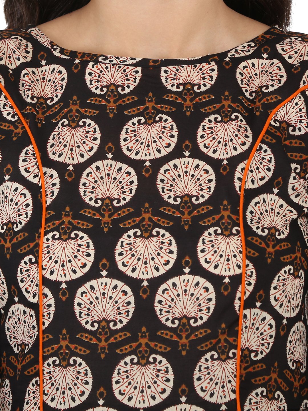 Brown printed 3/4th sleeve cotton A-line kurta with orange flared skirt | NOZ2TOZ - Made In INDIA.