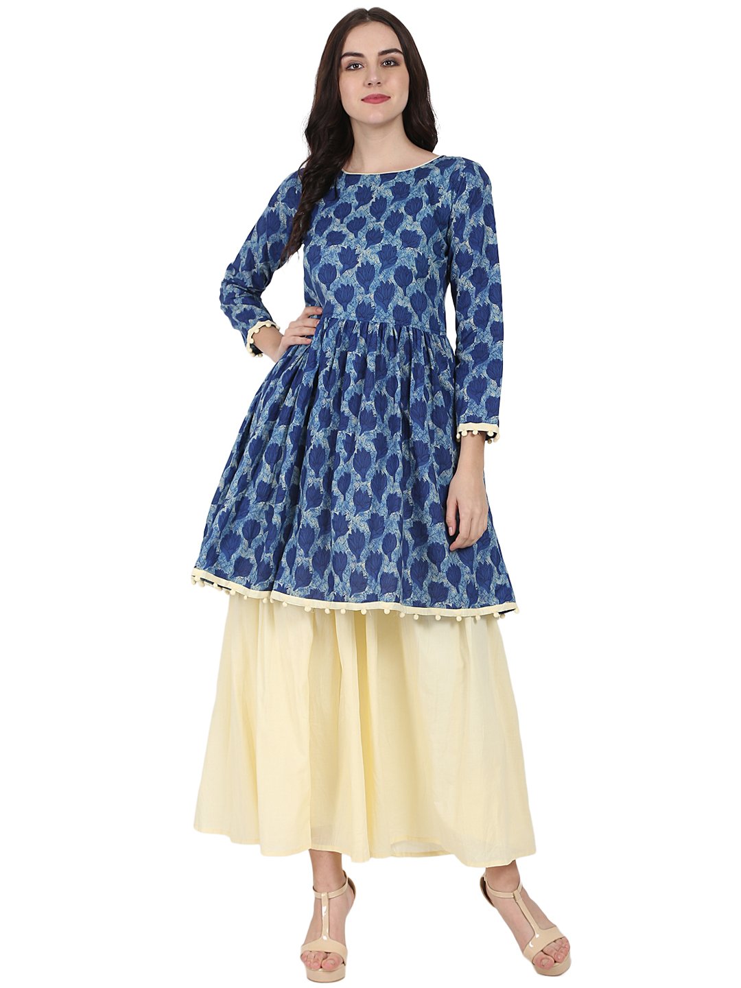 Blue printed 3/4th sleeve cotton anarkali kurta with Beige flared skirt | NOZ2TOZ - Made In INDIA.