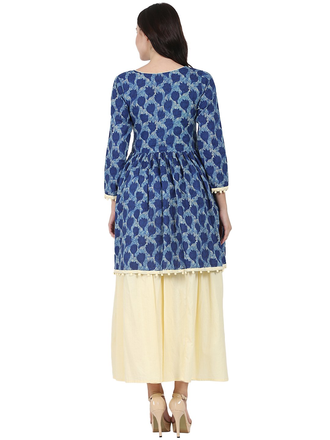 Blue printed 3/4th sleeve cotton anarkali kurta with Beige flared skirt | NOZ2TOZ - Made In INDIA.