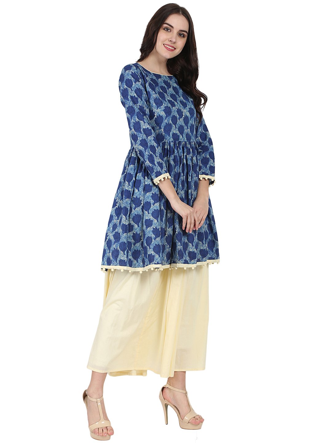 Blue printed 3/4th sleeve cotton anarkali kurta with Beige flared skirt | NOZ2TOZ - Made In INDIA.