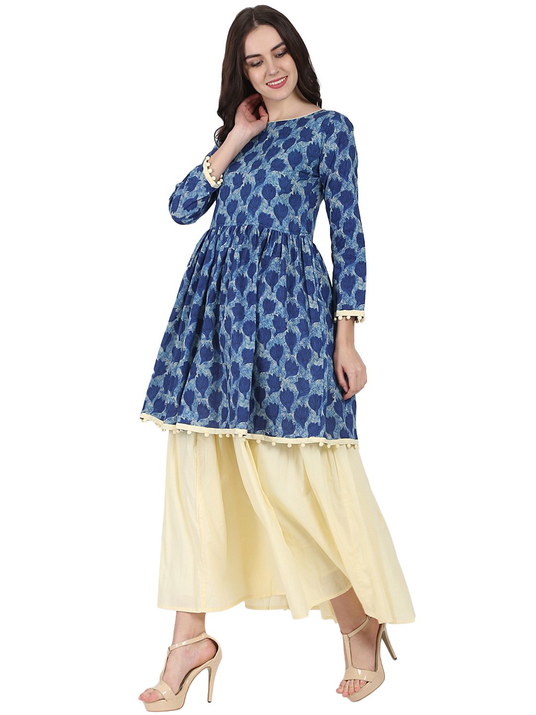 Blue printed 3/4th sleeve cotton anarkali kurta with Beige flared skirt | NOZ2TOZ - Made In INDIA.