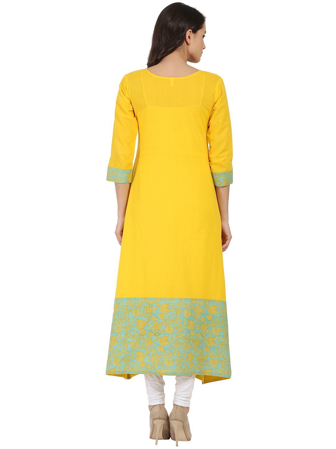 Yellow printed 3/4th sleeve cotton A-line kurta | NOZ2TOZ - Made In INDIA.