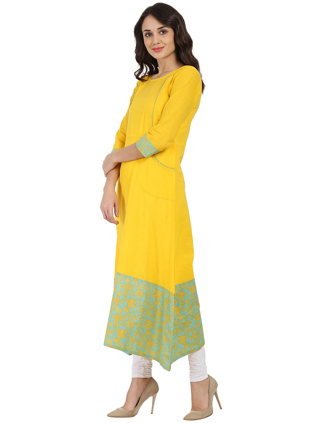 Yellow printed 3/4th sleeve cotton A-line kurta | NOZ2TOZ - Made In INDIA.