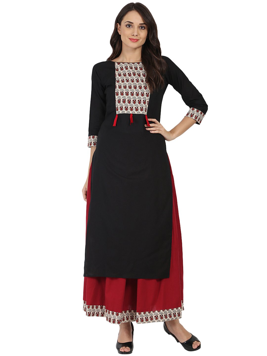 Black 3/4th Sleeve cotton kurta with Maroon flared skirt | NOZ2TOZ - Made In INDIA.