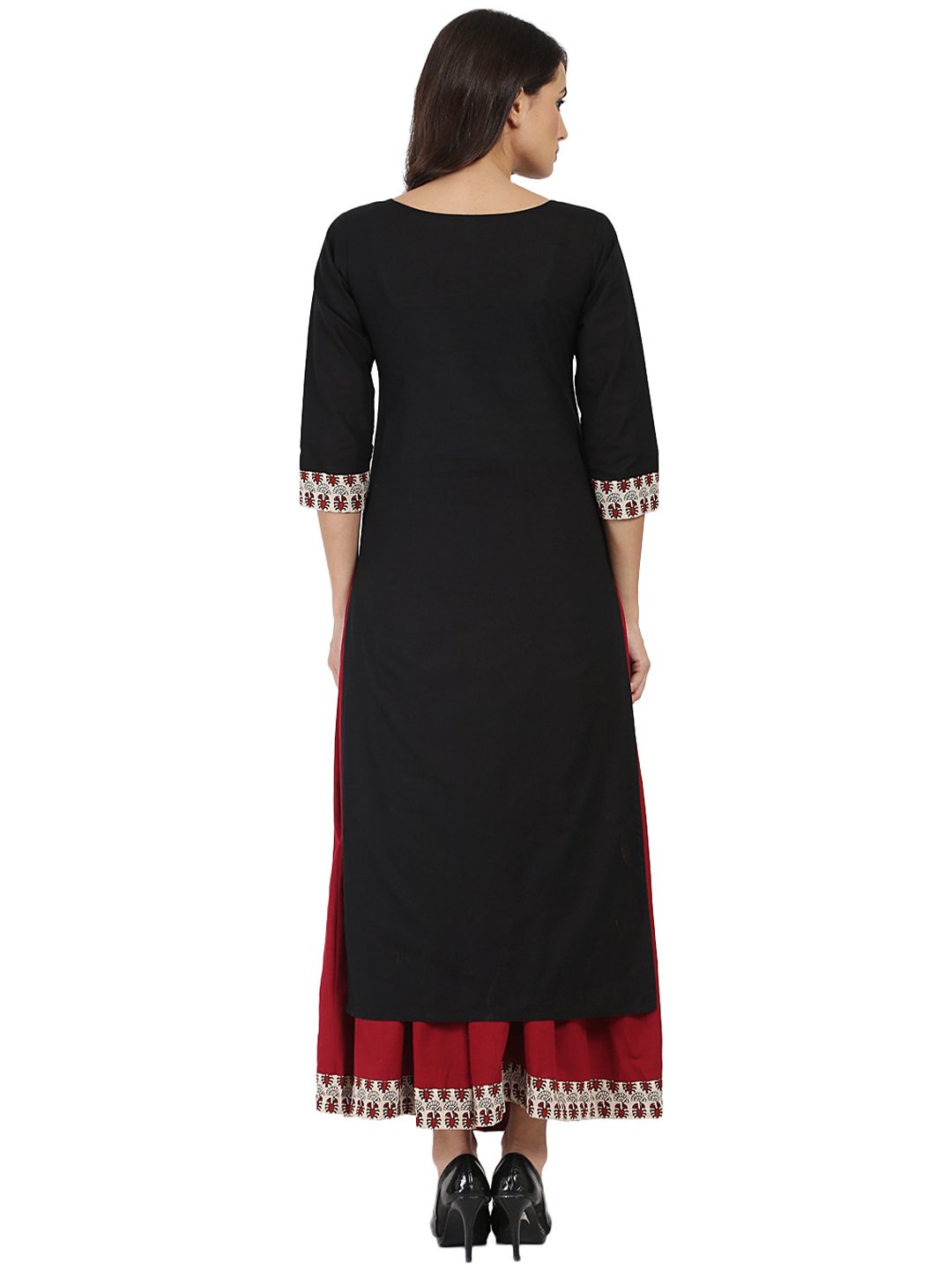 Black 3/4th Sleeve cotton kurta with Maroon flared skirt | NOZ2TOZ - Made In INDIA.