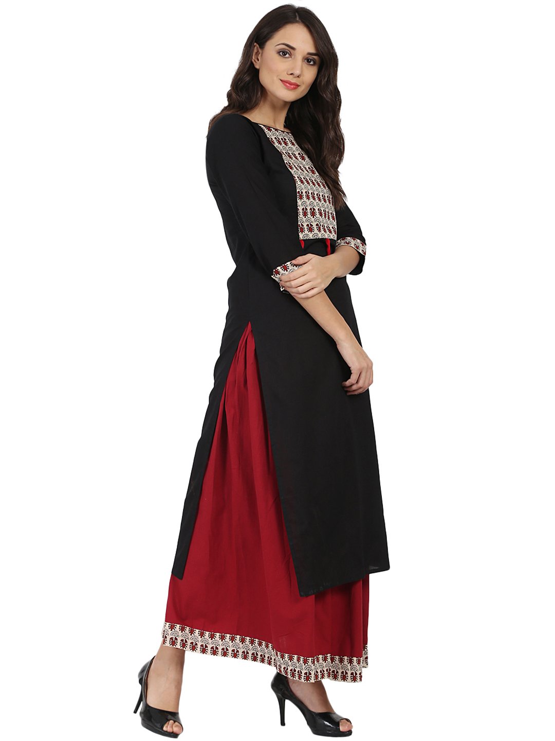 Black 3/4th Sleeve cotton kurta with Maroon flared skirt | NOZ2TOZ - Made In INDIA.