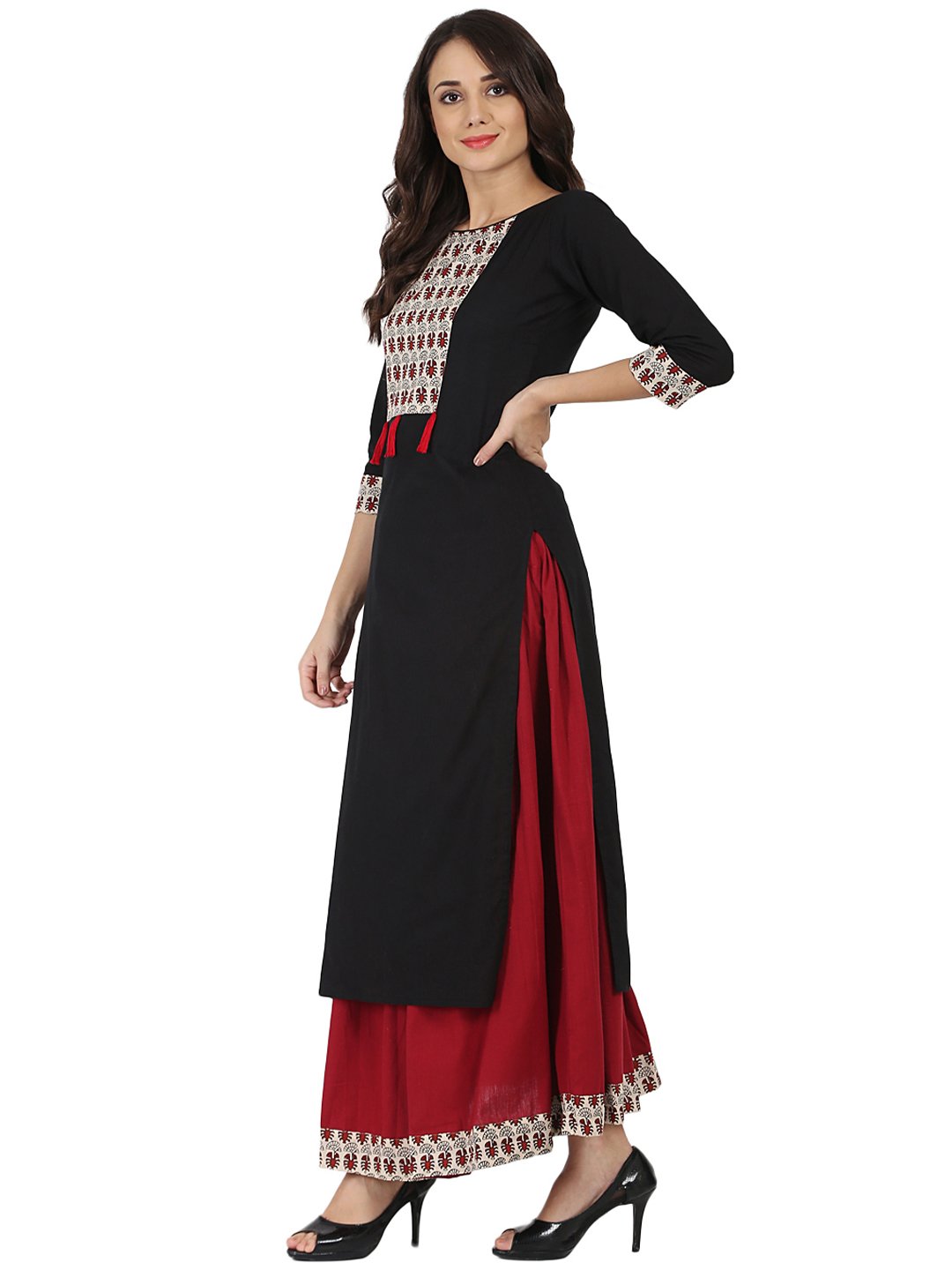 Black 3/4th Sleeve cotton kurta with Maroon flared skirt | NOZ2TOZ - Made In INDIA.