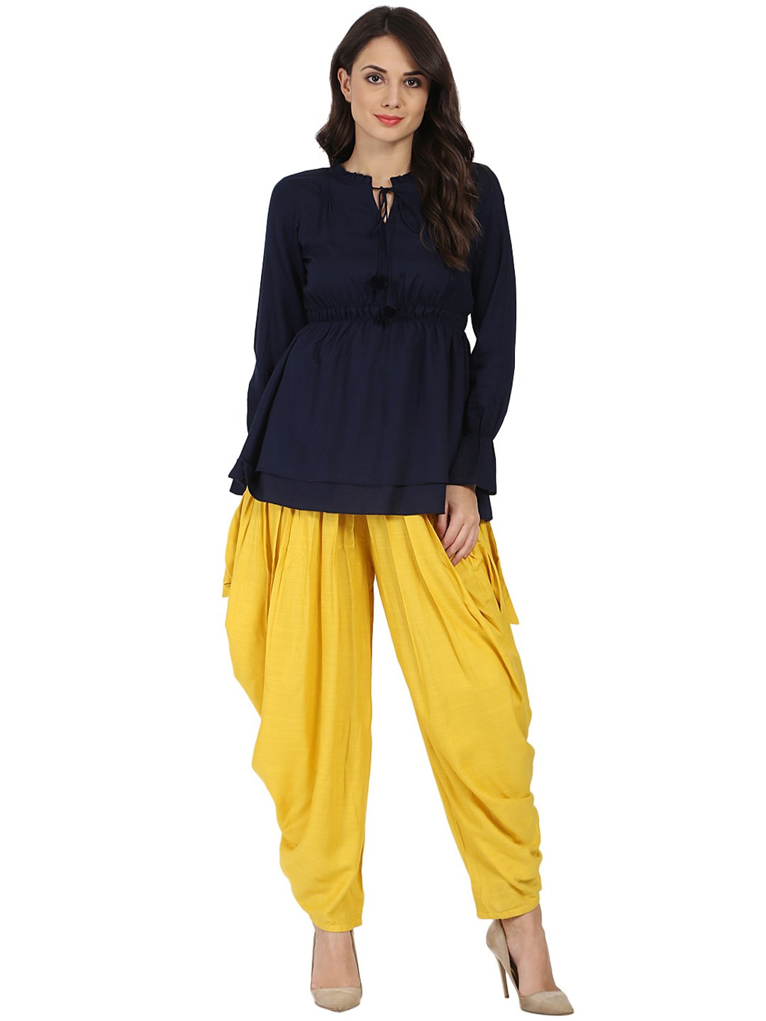 Yellow rayon slub Ankle length pleated Dhoti | NOZ2TOZ - Made In INDIA.