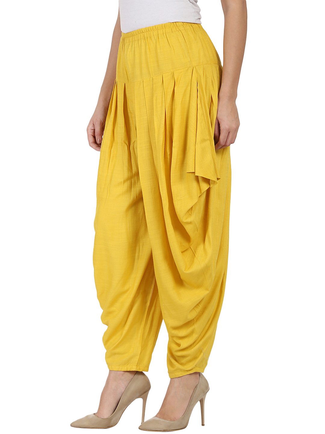 Yellow rayon slub Ankle length pleated Dhoti | NOZ2TOZ - Made In INDIA.