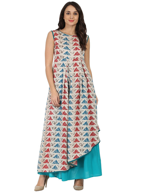 Blue printed sleeveless cotton A-line kurta with blue Palazzo | NOZ2TOZ - Made In INDIA.