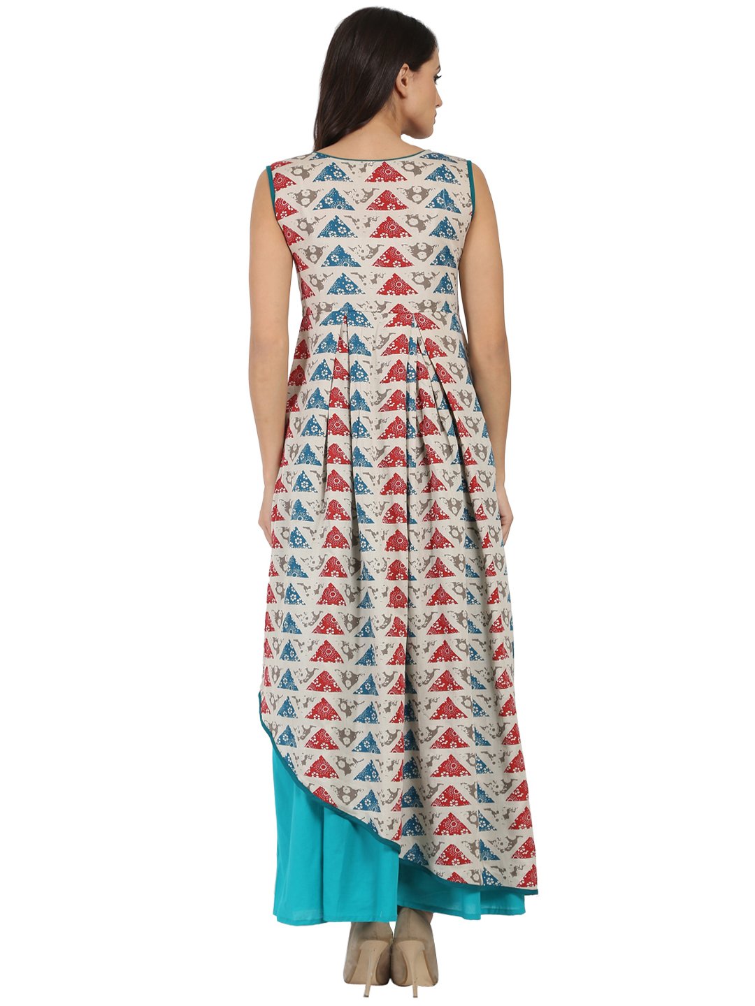 Blue printed sleeveless cotton A-line kurta with blue Palazzo | NOZ2TOZ - Made In INDIA.