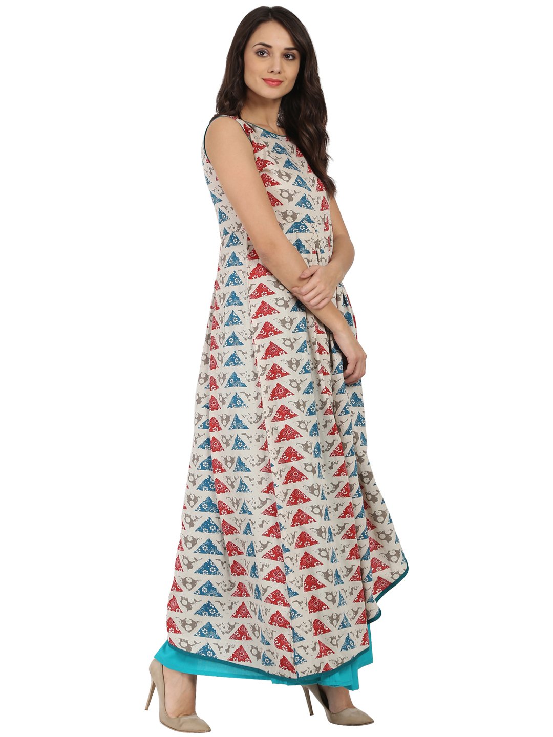 Blue printed sleeveless cotton A-line kurta with blue Palazzo | NOZ2TOZ - Made In INDIA.