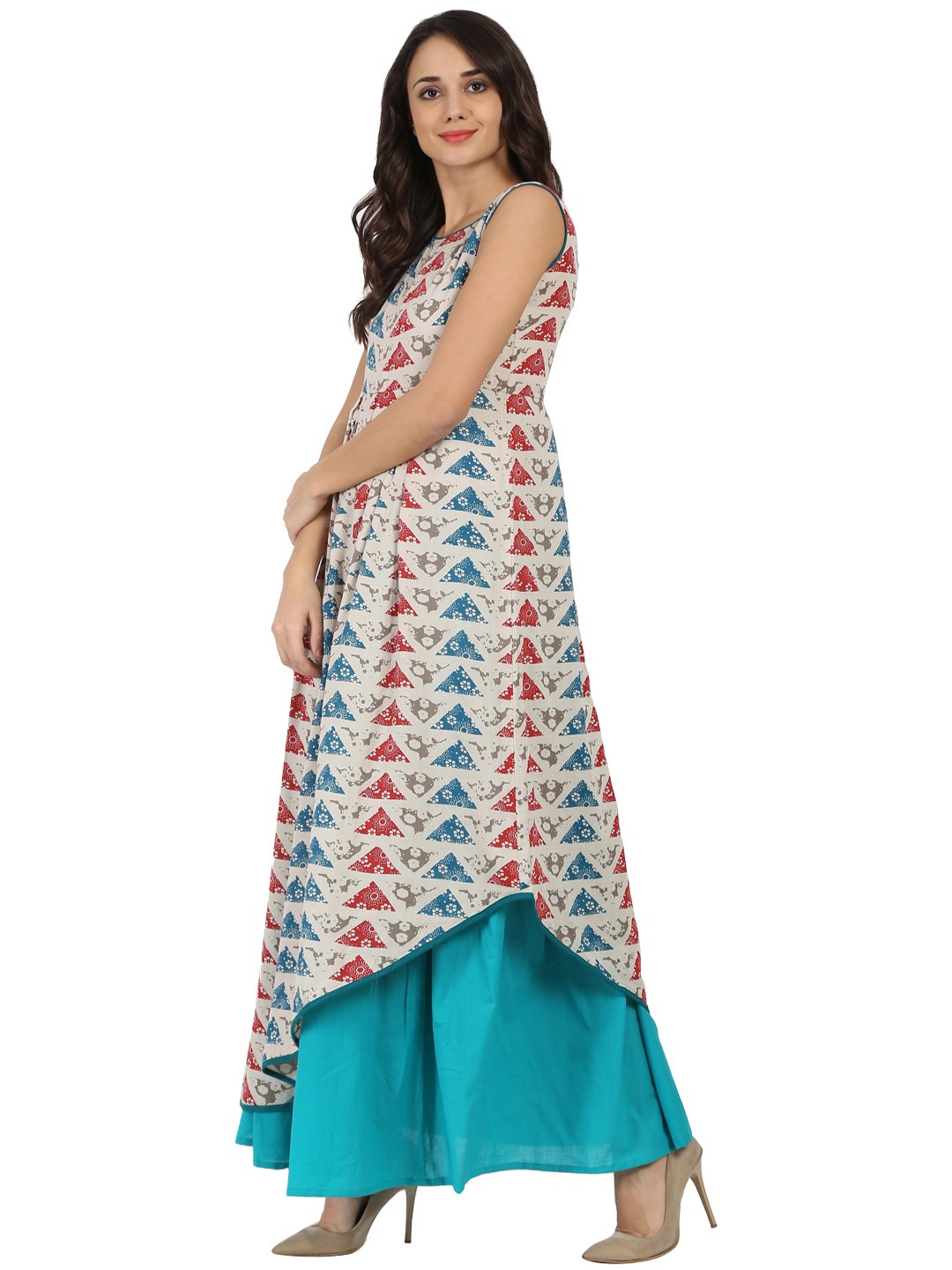 Blue printed sleeveless cotton A-line kurta with blue Palazzo | NOZ2TOZ - Made In INDIA.