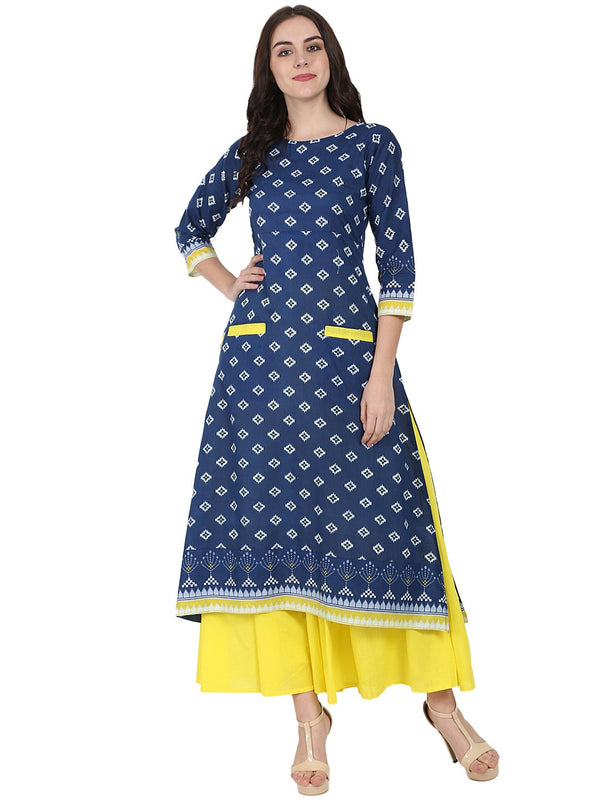 Blue printed 3/4th sleeve cotton double pocket Kurta with yellow flared ankle length skirt | NOZ2TOZ - Made In INDIA.