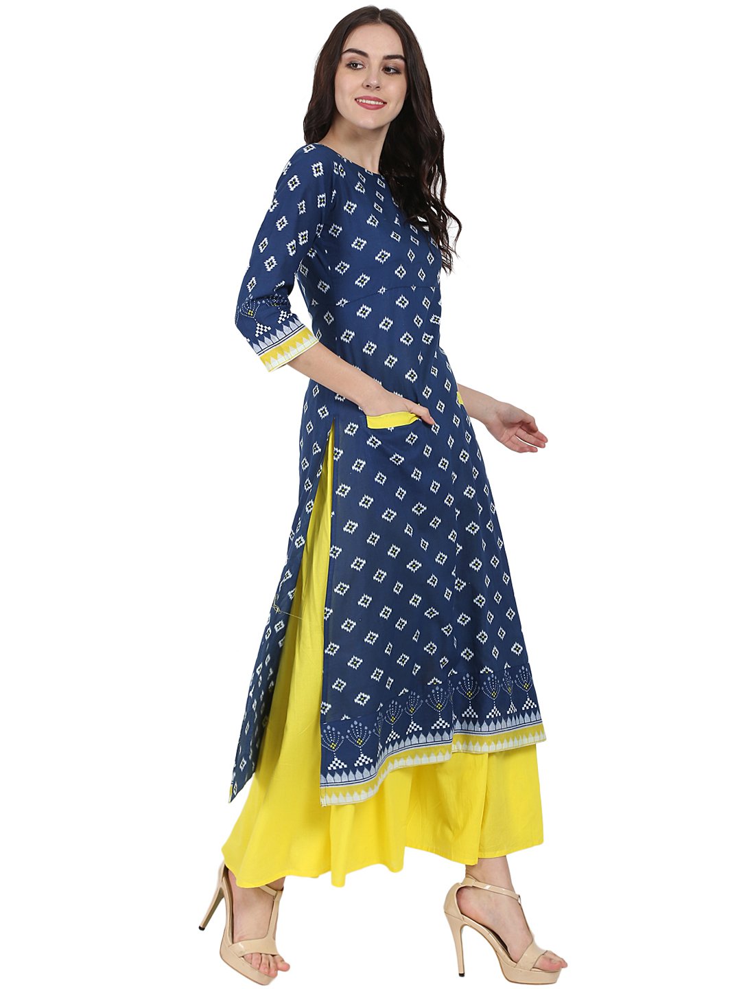 Blue printed 3/4th sleeve cotton double pocket Kurta with yellow flared ankle length skirt | NOZ2TOZ - Made In INDIA.