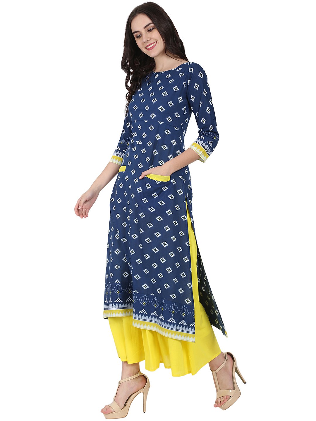 Blue printed 3/4th sleeve cotton double pocket Kurta with yellow flared ankle length skirt | NOZ2TOZ - Made In INDIA.