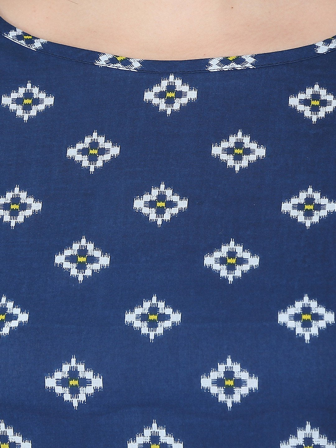 Blue printed 3/4th sleeve cotton double pocket Kurta with yellow flared ankle length skirt | NOZ2TOZ - Made In INDIA.