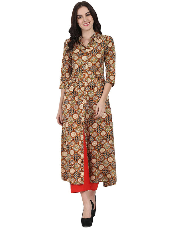 Rust printed 3/4th sleeve cotton A-line Kurta with red Tulip Pant | NOZ2TOZ - Made In INDIA.