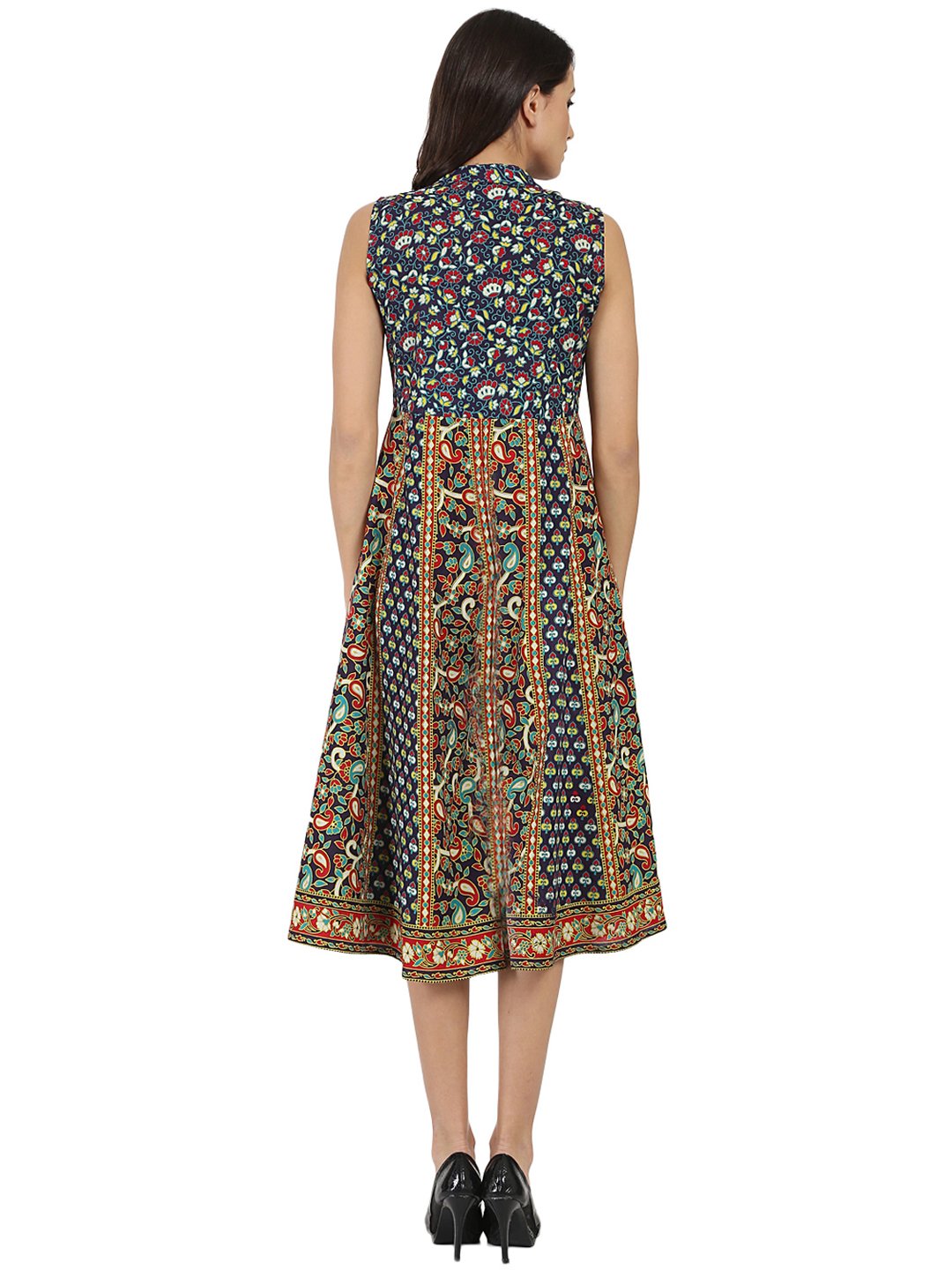 Blue & Yellow printed sleeveless Cotton Anarkali kurta with Zip at yoke | NOZ2TOZ - Made In INDIA.