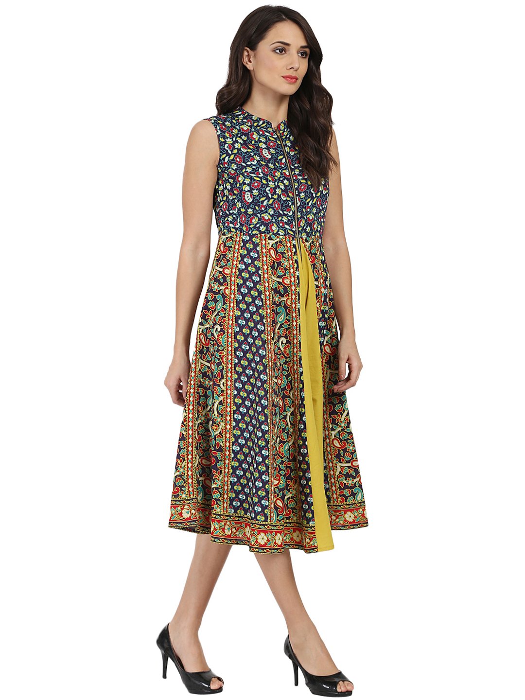 Blue & Yellow printed sleeveless Cotton Anarkali kurta with Zip at yoke | NOZ2TOZ - Made In INDIA.