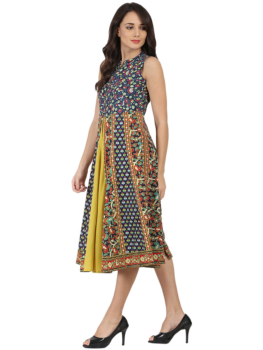 Blue & Yellow printed sleeveless Cotton Anarkali kurta with Zip at yoke | NOZ2TOZ - Made In INDIA.