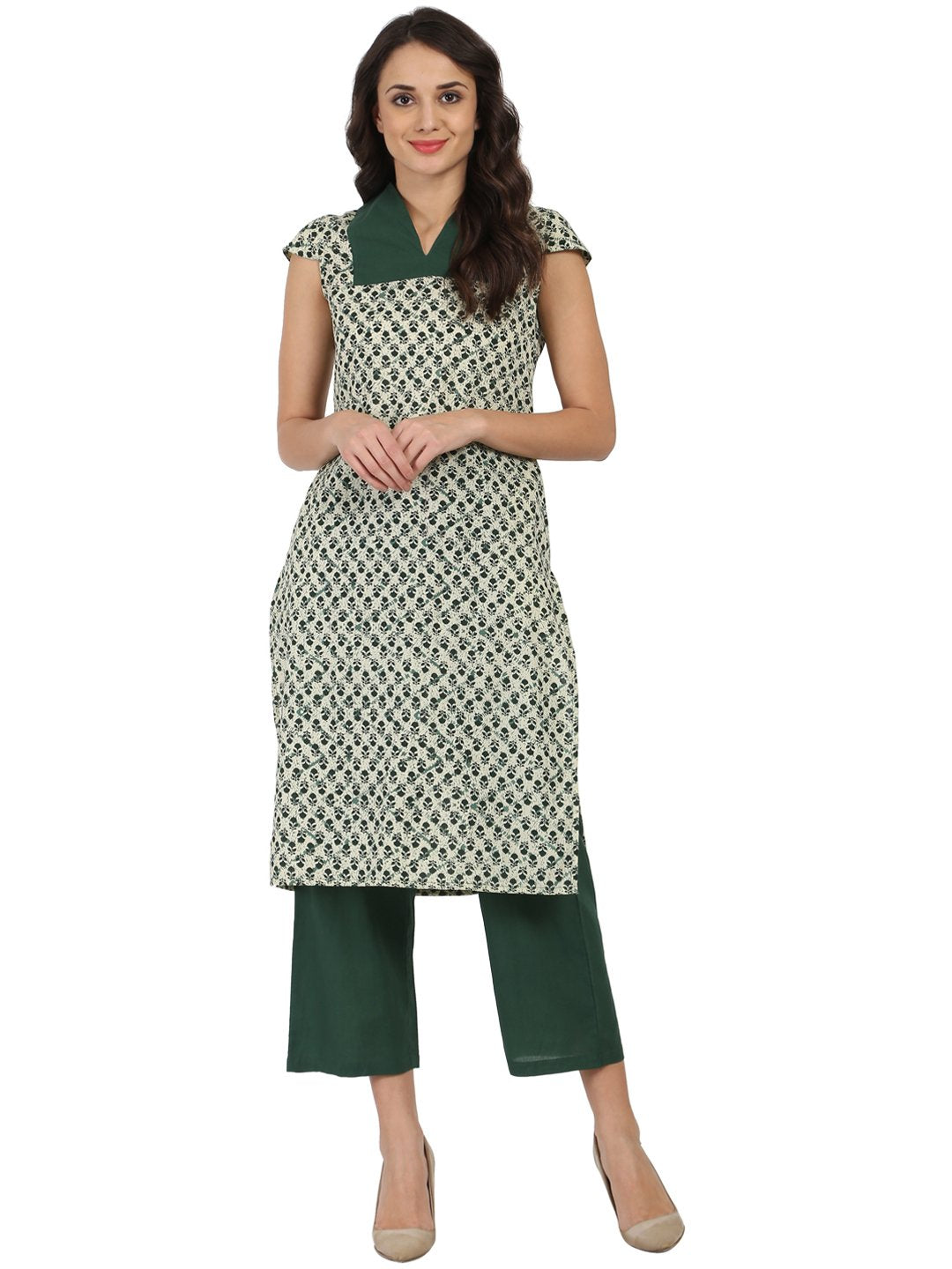 Green Sleeveless cotton Kurta with green palazzo | NOZ2TOZ - Made In INDIA.